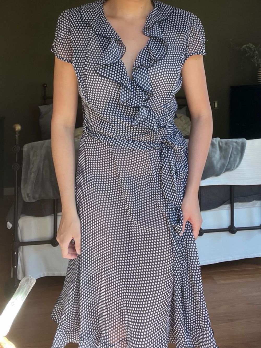 Polka Dot Ruffle Wrap Dress in Navy and White